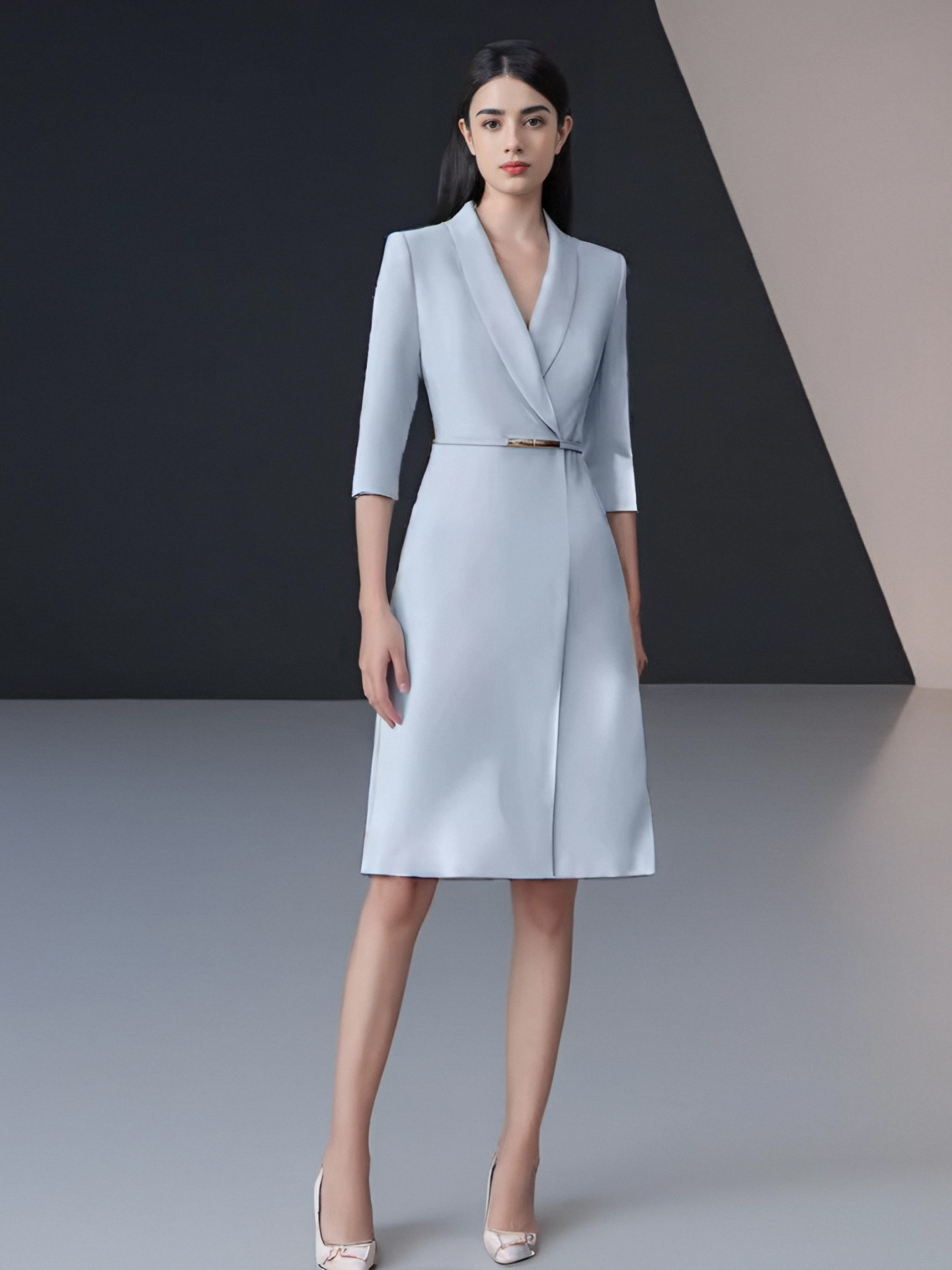 职业装春秋连衣裙女正式场合绿色西装裙气质时尚主持人中长a字裙详情12