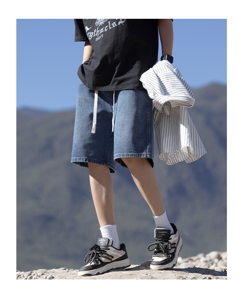 2024夏季新款牛仔短裤男浅蓝色松紧腰休闲裤潮牌百搭学生运动裤子详情12