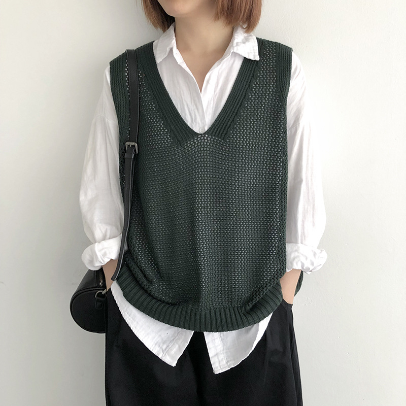 大码春秋新款文艺针织纯色缕空V领棉线无袖宽松女士叠穿马甲背心详情5