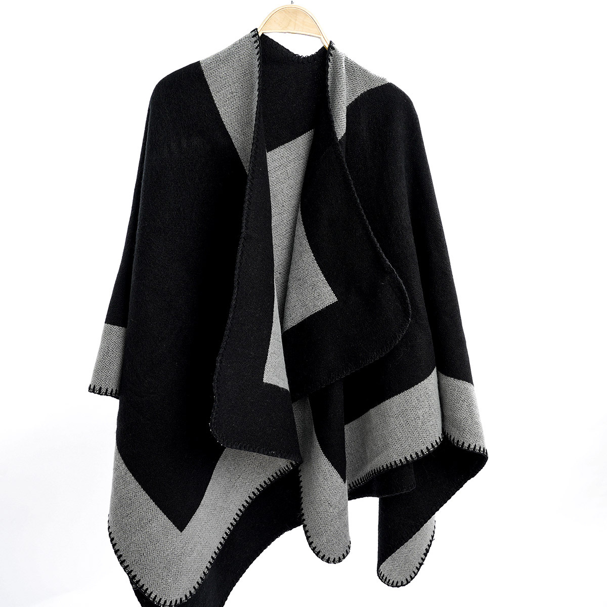 冬季跨境披肩加厚保暖长款拼接色披风仿羊绒双面两用女士时尚斗篷详情3