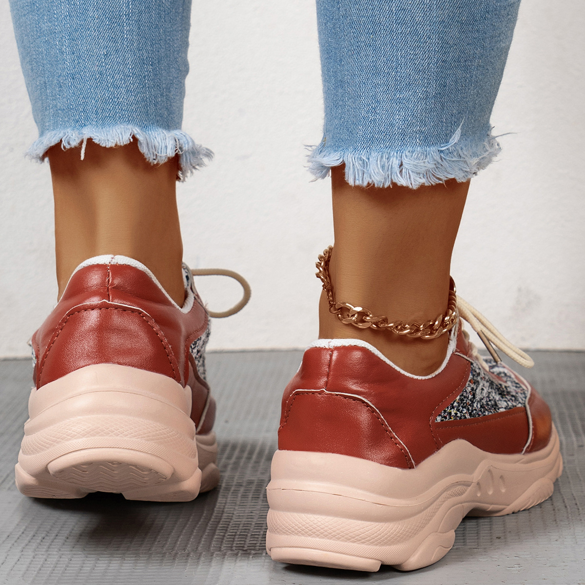 欧美大码跨境厚底休闲运动单鞋2023新款时尚前系带拼色老爹鞋批发详情13