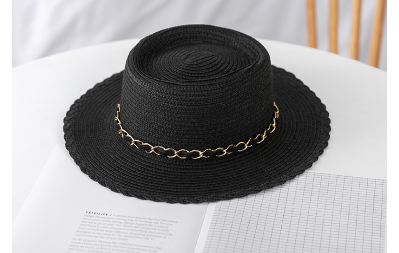 依慕栩韩版花边金属配件草帽草编帽子男女士户外旅游遮阳帽太阳帽详情19