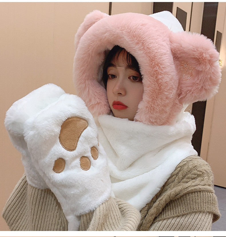Otoño-invierno nuevo gato orejas lentejuelas peluche gorro más peludo y engrosado al aire libre caliente pie pie multifuncional conjunto de tres piezas pic 5