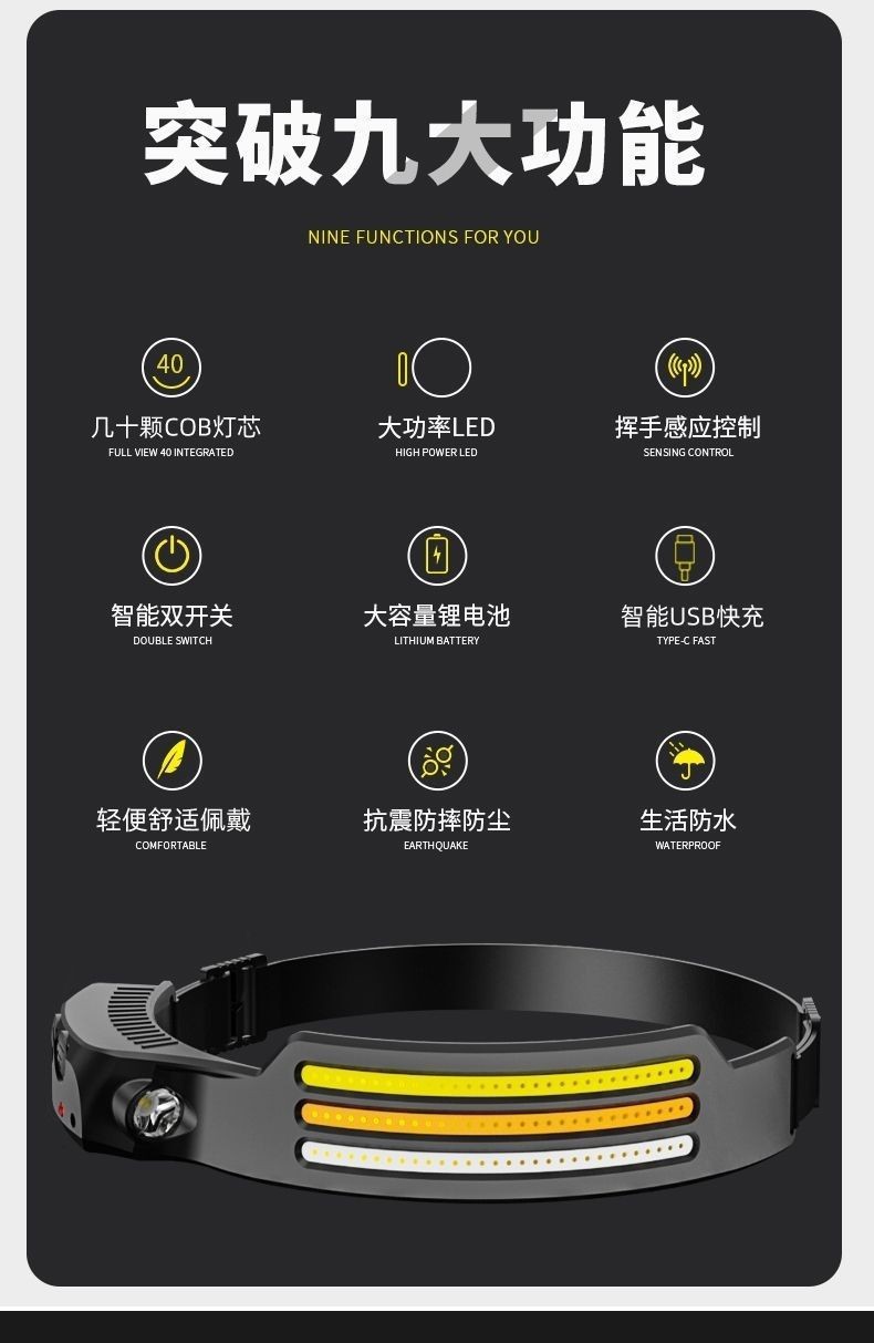 The new USB mini multi-functional headlamp, hand-waving sensor head-mounted COB powerful flashlight, is a must-have for outdoor fishing and night walks, as well as other outdoor items pic 8