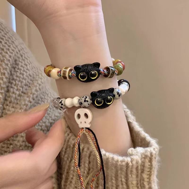 Skull cat ceramic woven bracelet, a niche design, sweet and cool Chinese style, colorful and fashionable, with a unique personality pic 6