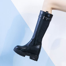 皮面长筒靴女2021秋冬新款厚底马丁靴女休闲女式皮靴子内增高女鞋详情1