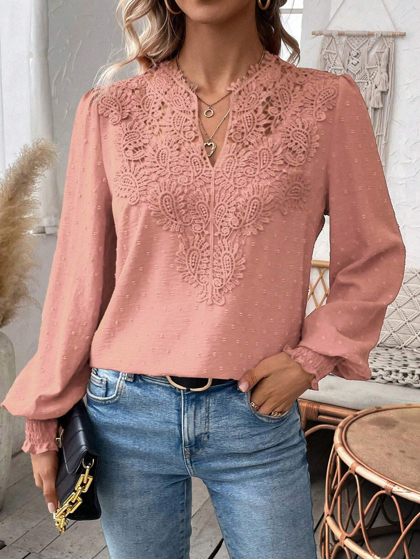 The new autumn and winter fashion V-neck lace solid color long-sleeved casual T-shirt for women on Amazon Cross-border in Europe and America in 2024 pic 27