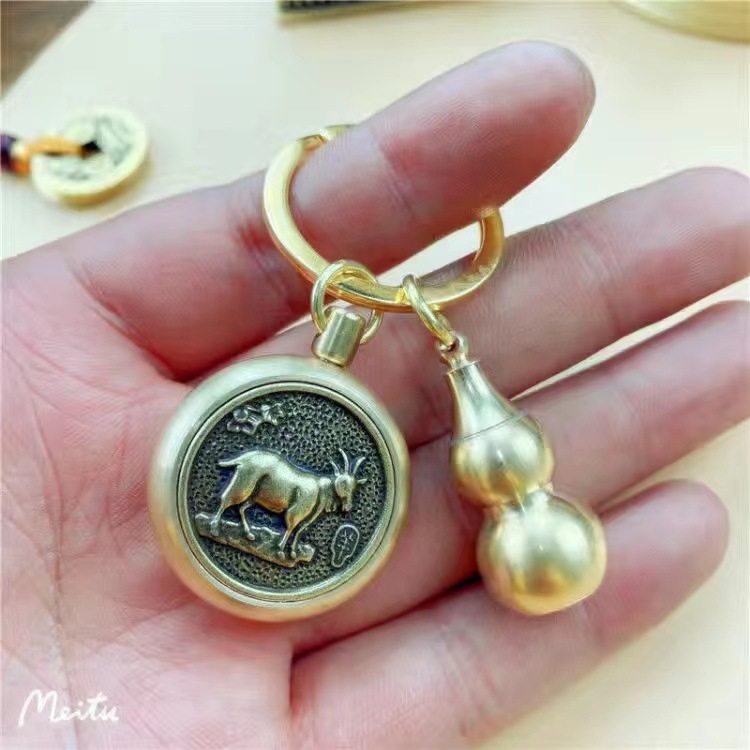 Pure copper retro 12 Chinese zodiac money transfer keychain, handcrafted brass cinnabar handle, car key chain pendant pic 15