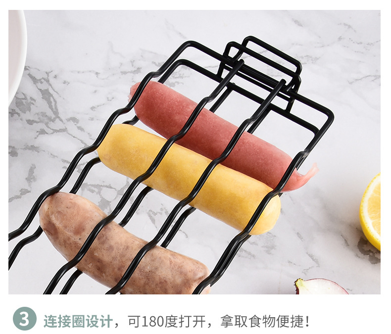 跨境户外木柄热狗烧烤夹不粘火腿香肠烤网多功能野营BBQ烧烤工具详情10