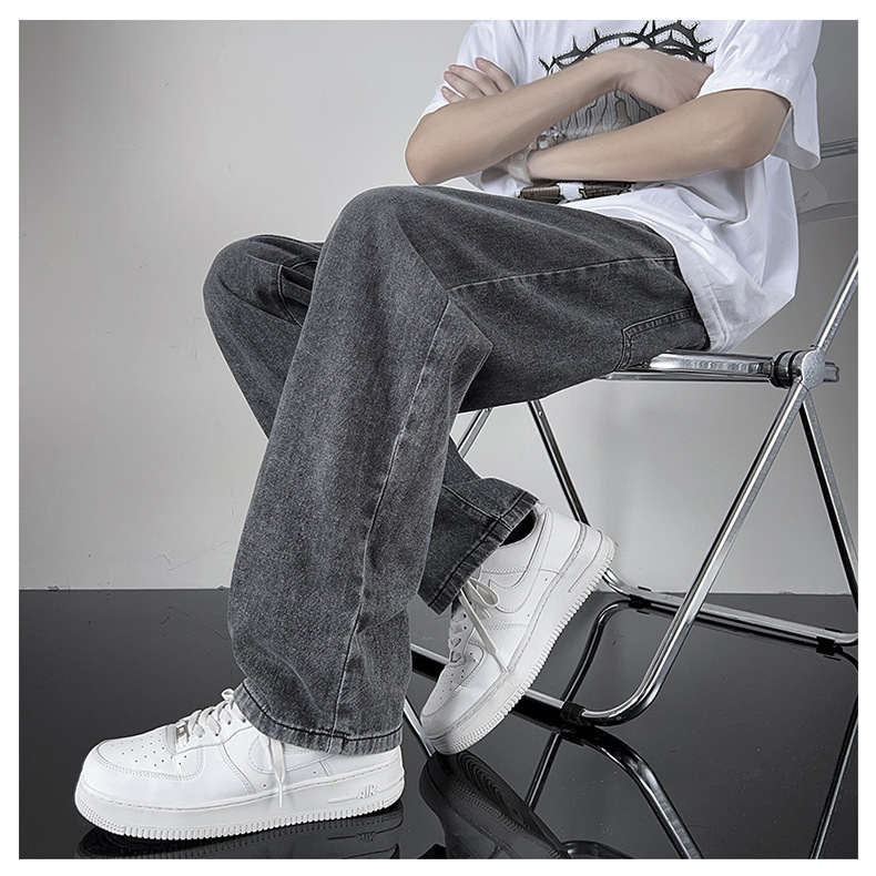 黑灰色男款春季牛仔裤港风cec宽松阔腿裤潮牌复古直筒休闲长裤子详情7