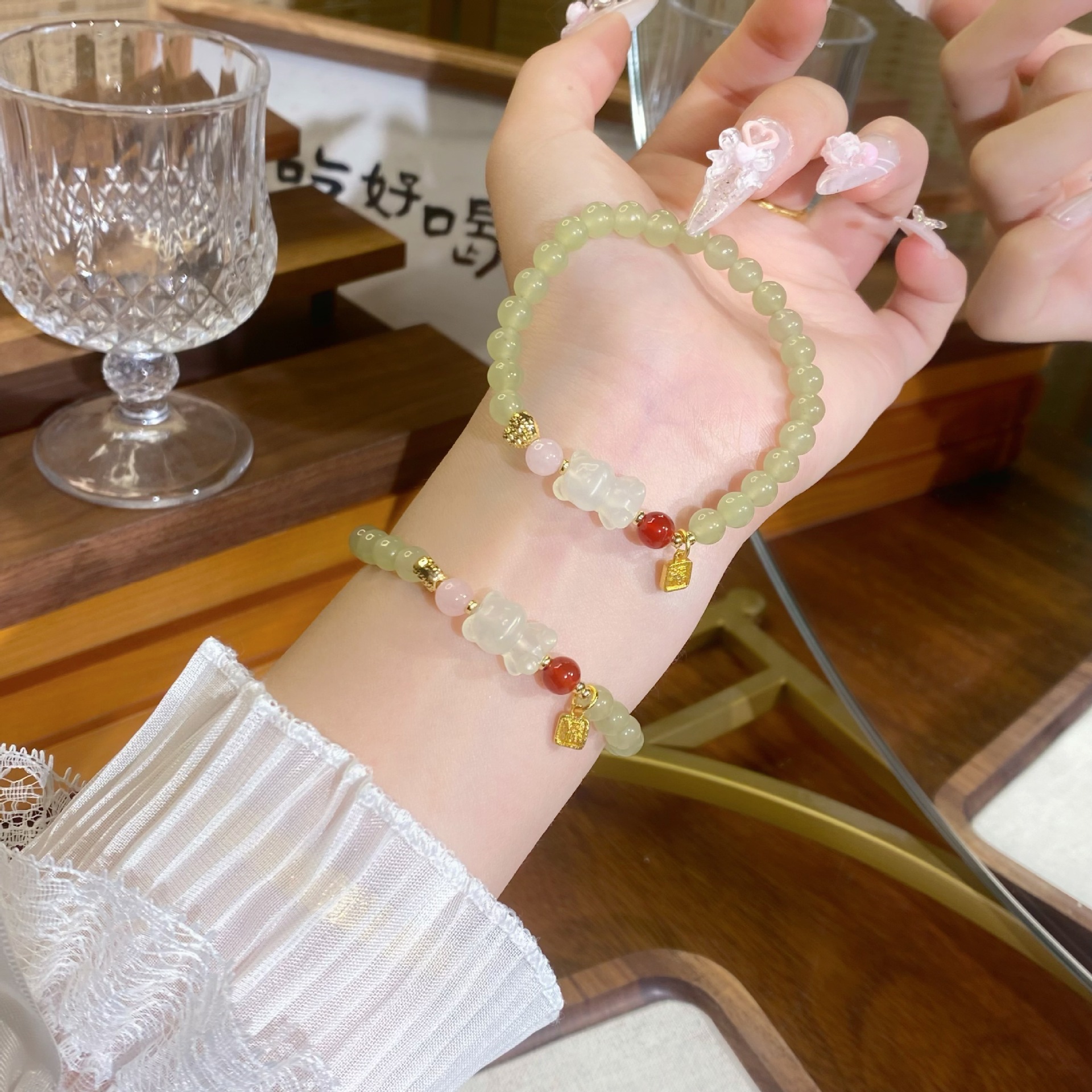 2025 Fresh and Natural Stone Powder Crystal Original Handmade White Crystal Bear Bracelet, source factory, fashionable bracelet pic 6