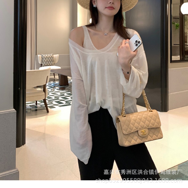 A two-piece set of woolen sun protection long-sleeved knitted top and vest for women in Spring/Summer 2024, featuring a thin, loose and casual cardigan T-shirt pic 4