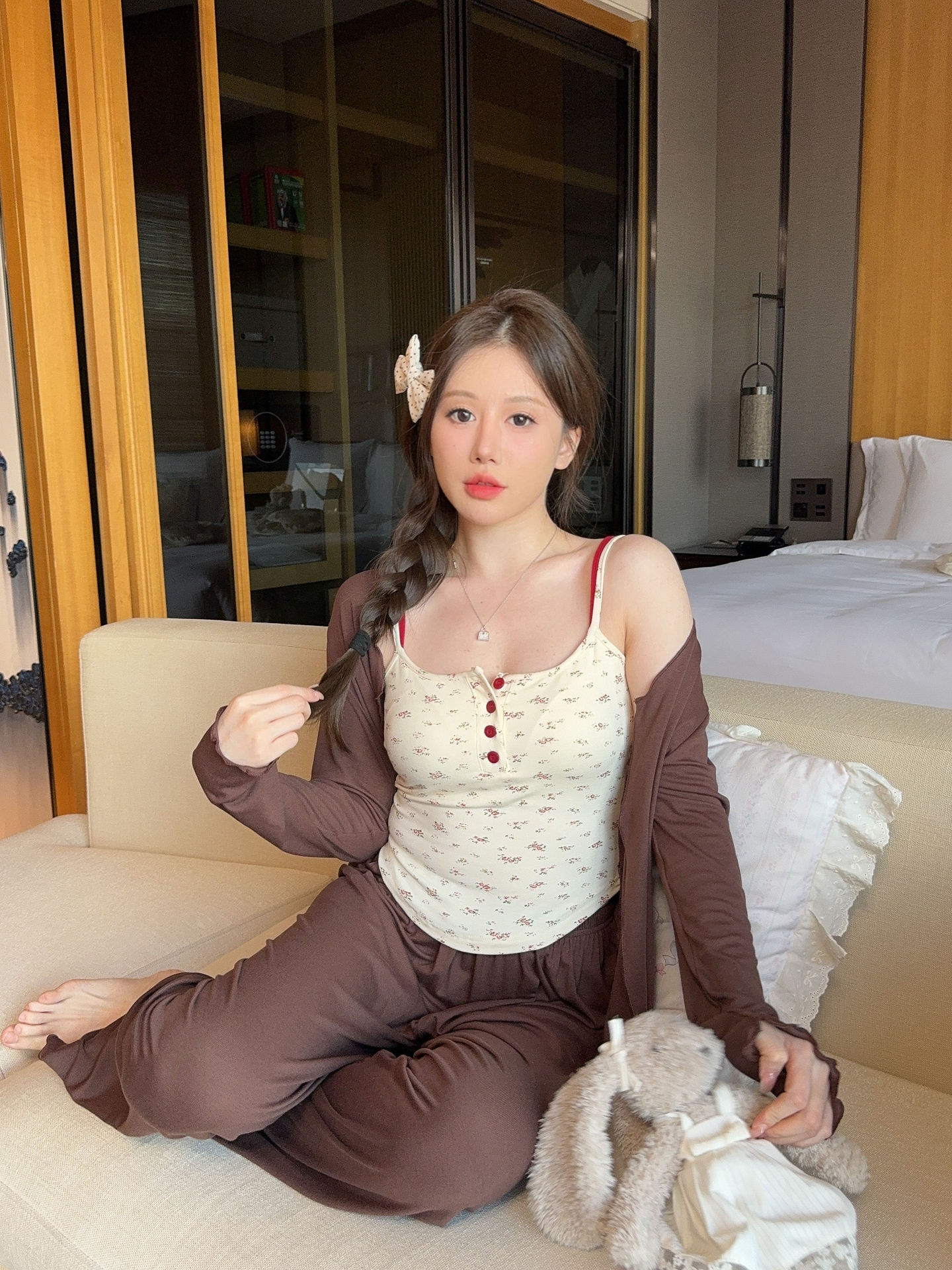 人气莫代尔睡衣三件套装女士春秋夏高级感带胸垫家居服纯欲风睡衣详情2