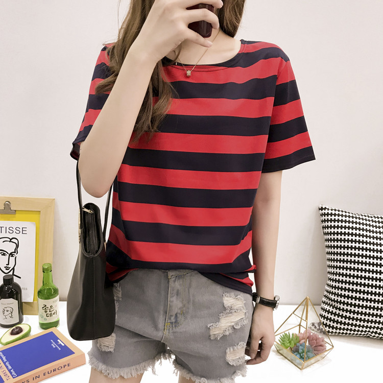 批发2022夏季新款韩版条纹短袖t恤女士宽松衣服上衣女装一件代发详情2