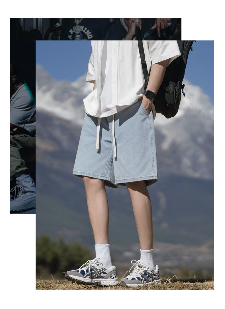 2024夏季新款牛仔短裤男浅蓝色松紧腰休闲裤潮牌百搭学生运动裤子详情5