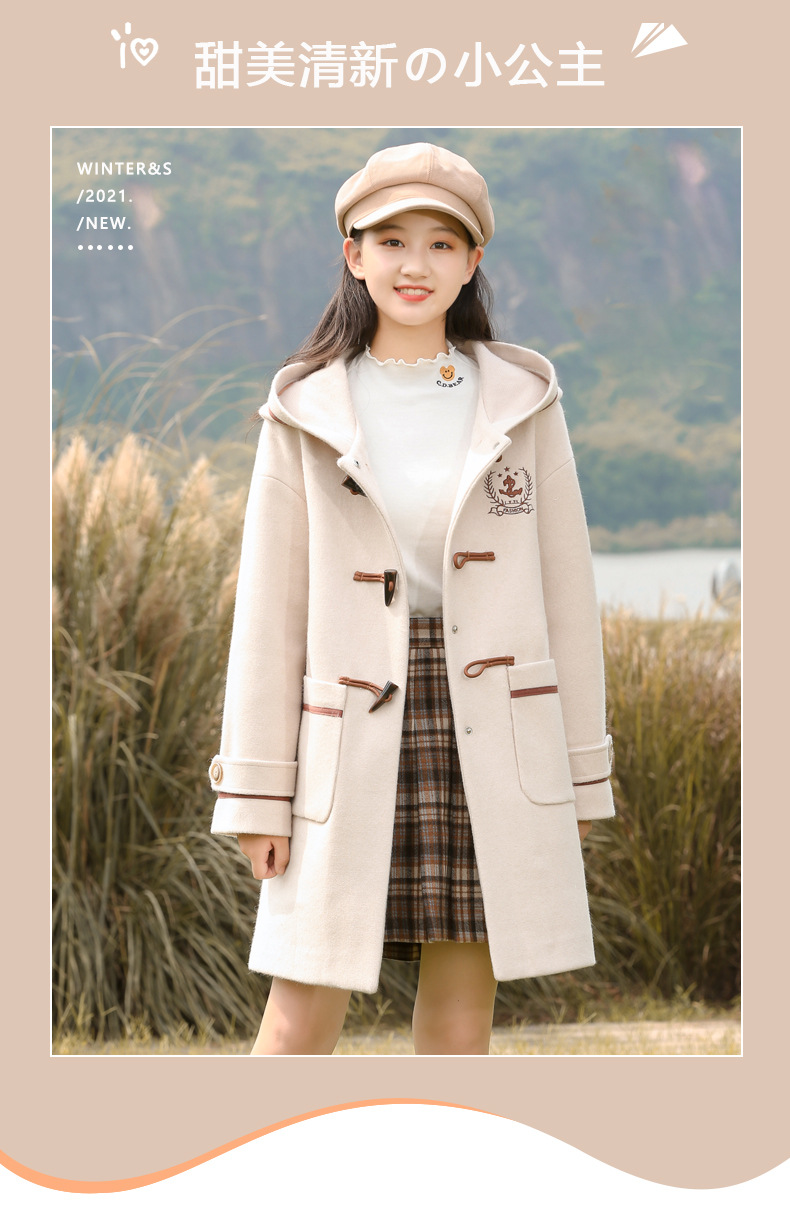 21516 College-style woolen coat 2021 Autumn/Winter new style for junior high school students, winter wear for girls with horn buttons and woolen fabric pic 1