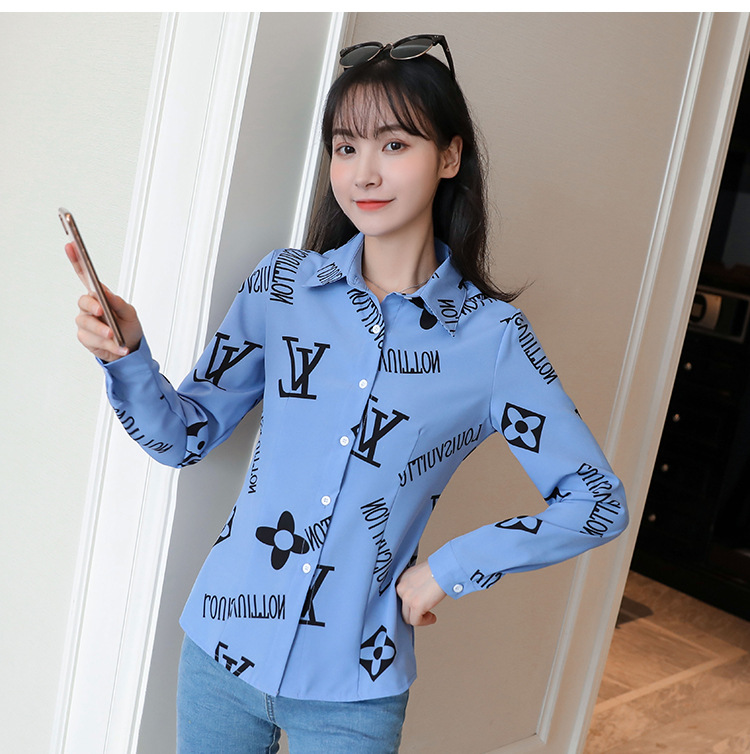 New spring and autumn Korean-style slim-fit shirt for women, long-sleeved printed striped trendy base layer, Hong Kong-style top for women pic 21