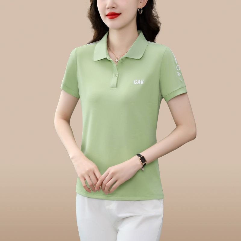 夏季新款短袖t恤女翻领大码宽松休闲中年妈妈POLO衫纯色运动上衣详情8