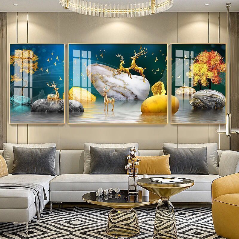 The living room is decorated with a three-panel painting, the bedroom has a sofa background, wall paintings, light luxury room hanging paintings, crystal porcelain paintings, and Nordic murals pic 9