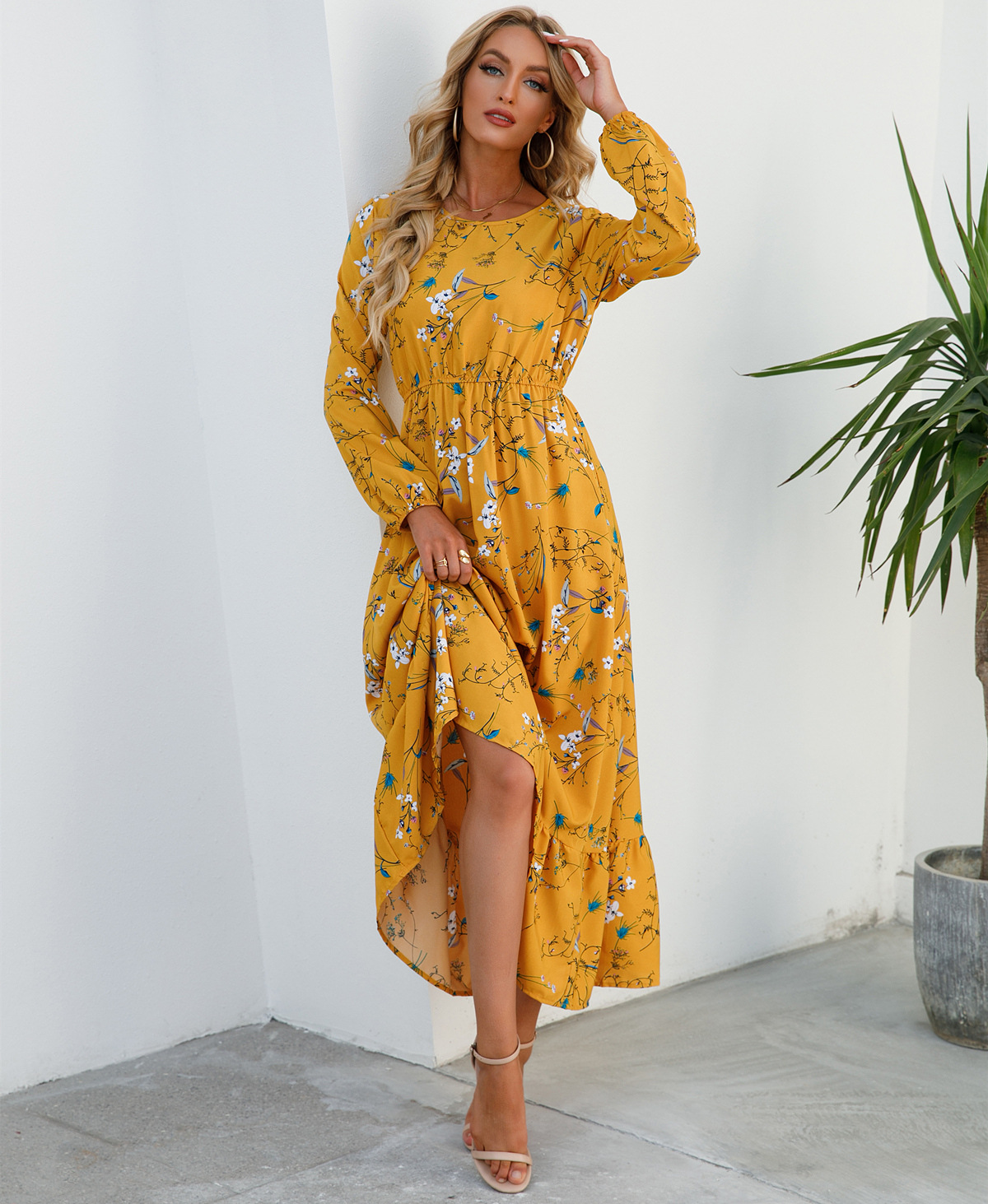 European and American floral long, round-neck, long-sleeved, waist-cinching and slimming dress pic 27