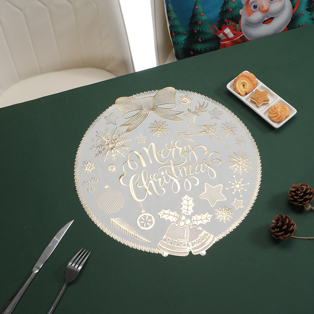 PVC gold-embossed Christmas table mat, Christmas household portable heat insulation mat, round waterproof and heat-resistant Western table mat pic 6