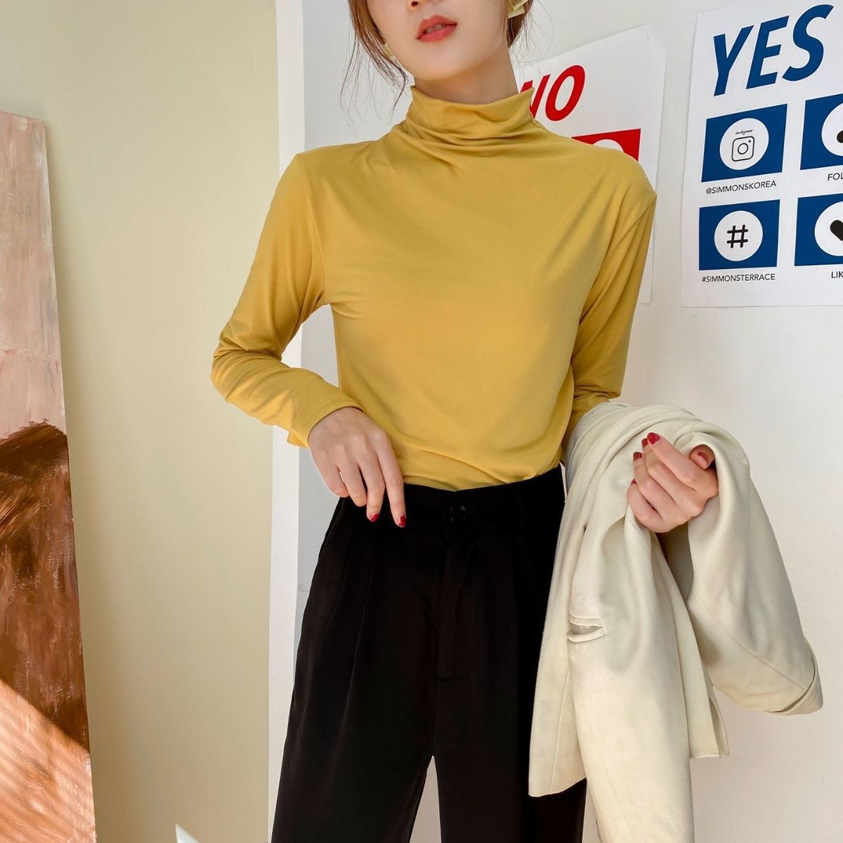 For autumn and winter, pair a semi-high-neck Korean-style mask base layer with a versatile, thick, stylish and slimming long-sleeved T-shirt for ladies pic 8