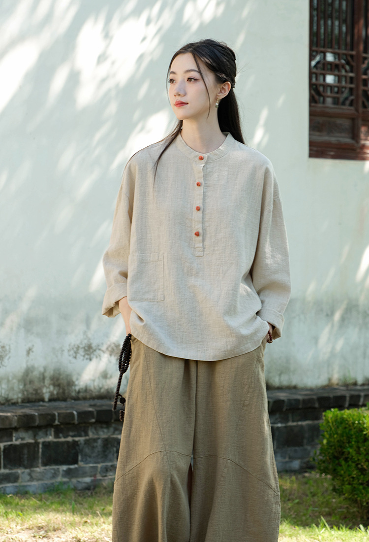 2024春夏棉麻女装新品亚麻立领拼色盘扣套头大码上衣女式棉麻衬衫详情11