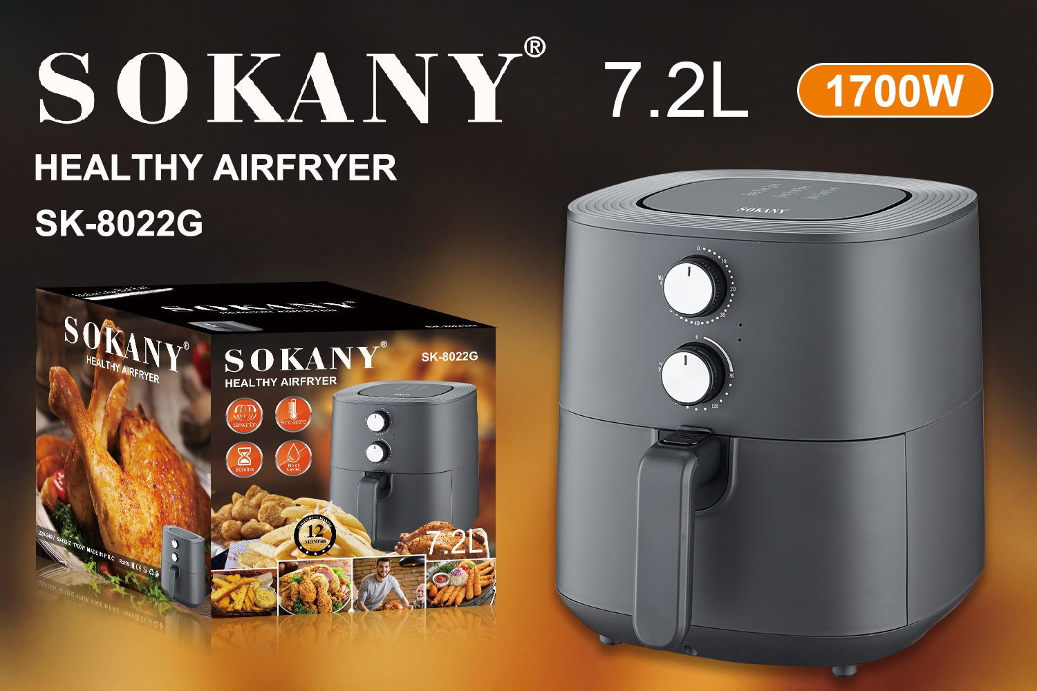 Cross-border SOKANY8022G air fryer, 7.2L large-capacity multi-functional fully automatic electric fryer with buttons and knobs pic 6