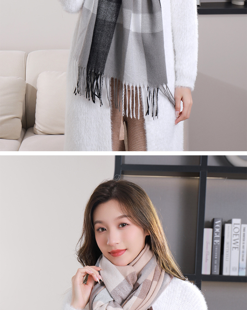 外贸韩版大直条格子围巾秋冬季新款学生百搭仿羊绒流苏围脖女披肩详情18
