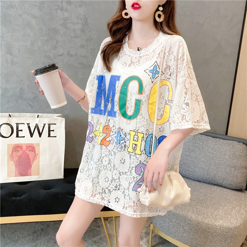 A real photo of a fresh and semi-transparent flower-patterned short-sleeved T-shirt for women in 2022 summer. A very ethereal Korean-style base layer pic 4