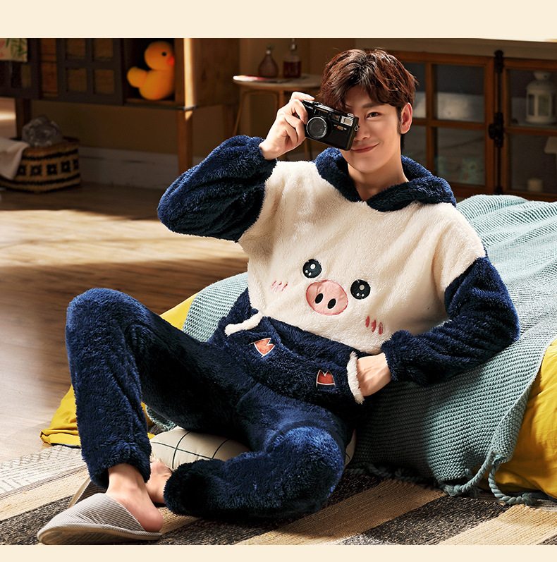 长毛绒冬季卡通情侣加厚加绒睡衣女帽子外穿法兰绒套装男士家居服详情20
