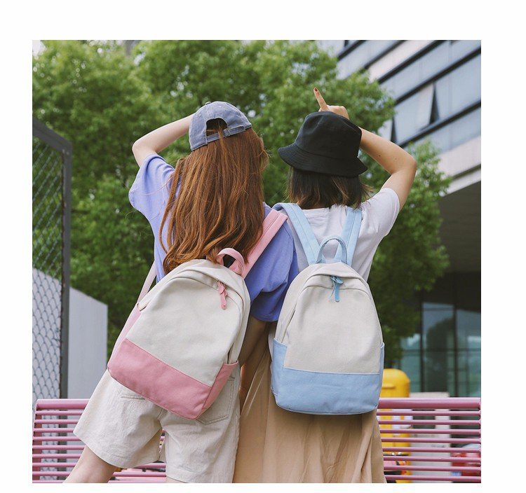 Factory wholesale of college-style, fresh, artistic, simple and versatile canvas backpacks, color-matched schoolbags for middle school best friends pic 10