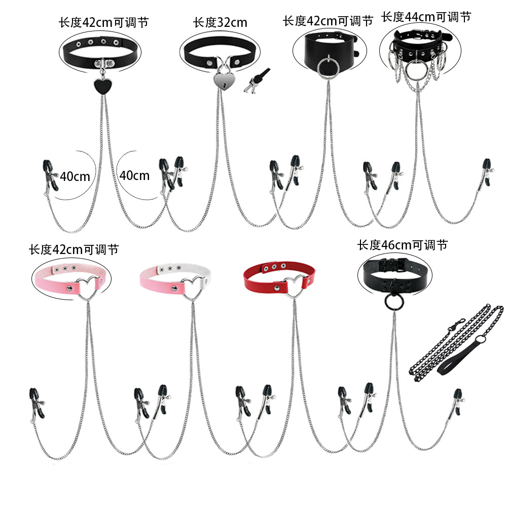 跨境黑皮革项圈链条皮质钉心项圈颈带choker圆环项链颈链链条乳夹详情12