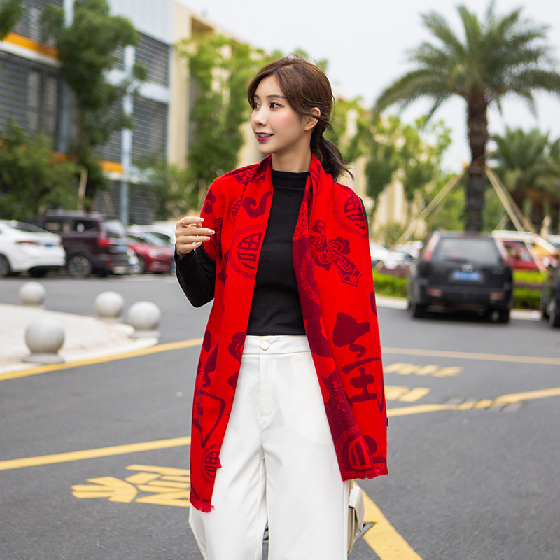 Autumn and winter silk velvet long scarf, Chinese red tassel warm scarf, company annual meeting souvenir shawl for women pic 31