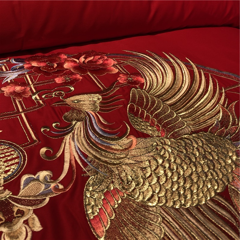 新款100s高档纯棉婚庆四件套长绒棉重工刺绣大红色床上结婚多件套详情8