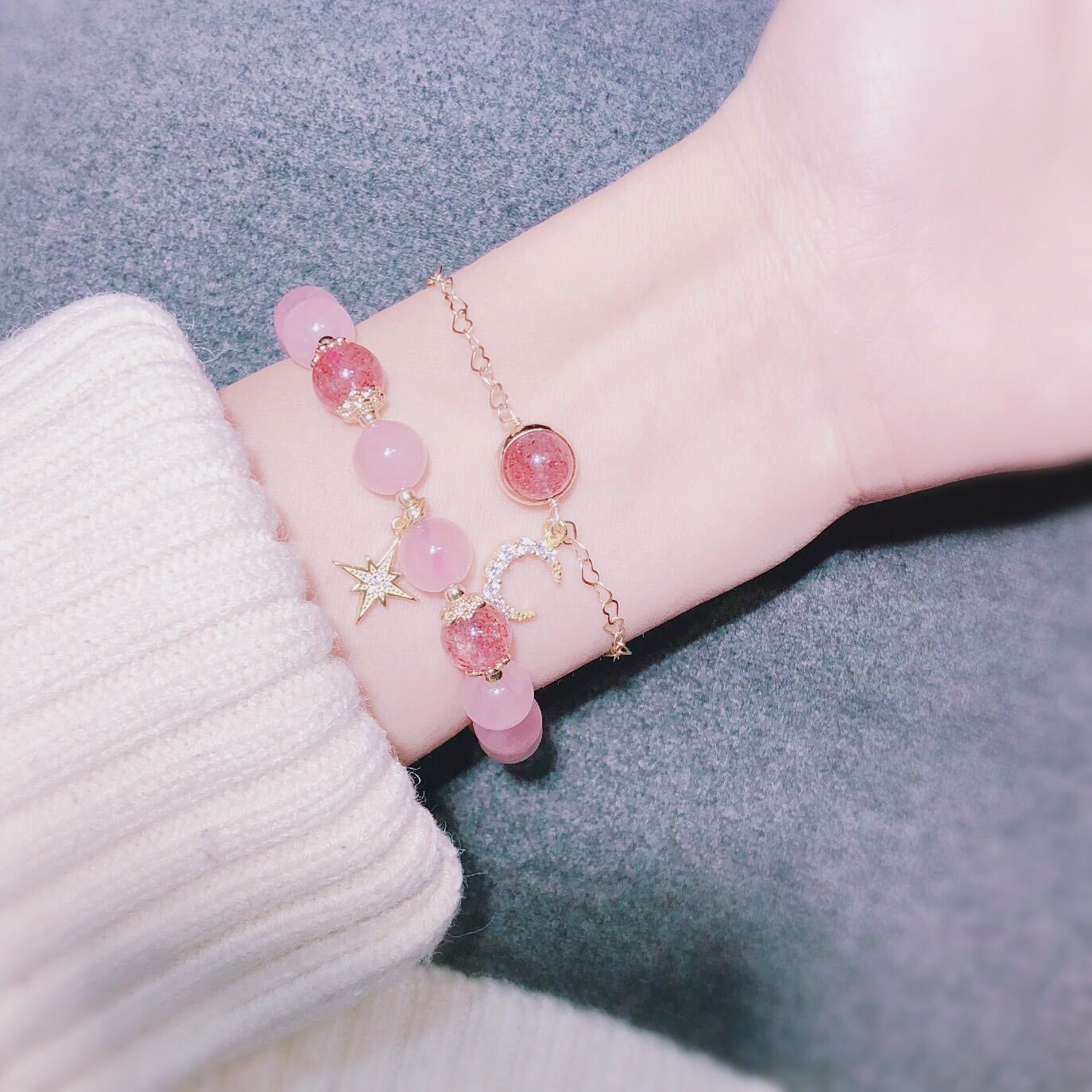巴度草莓晶粉晶转气运星月手链女招桃花七夕情人节礼物闺蜜生日礼物详情11