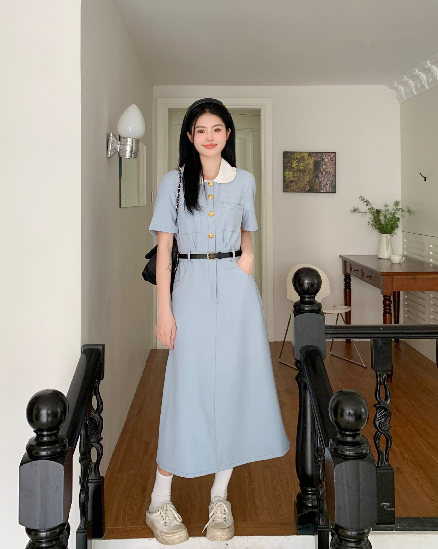 大码女装胖mm百搭娃娃领连衣裙2023夏季新款休闲收腰韩版高级裙子详情18