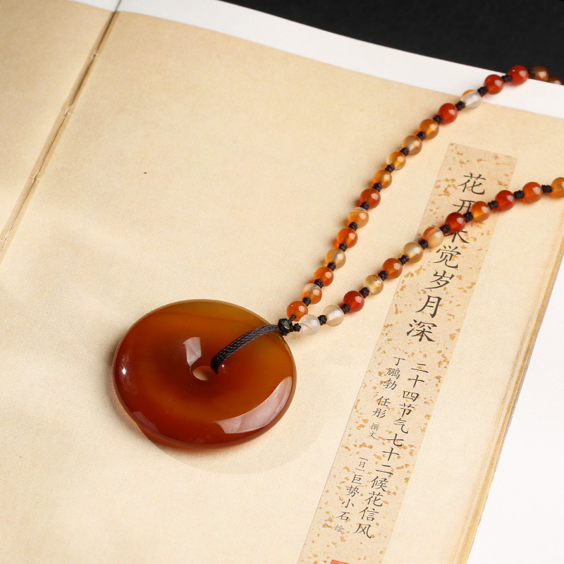Wholesale of natural red chalcedony necklace, chalcedony peace pendant, all-agate sweater chain, simple and retro peace pendant pic 5
