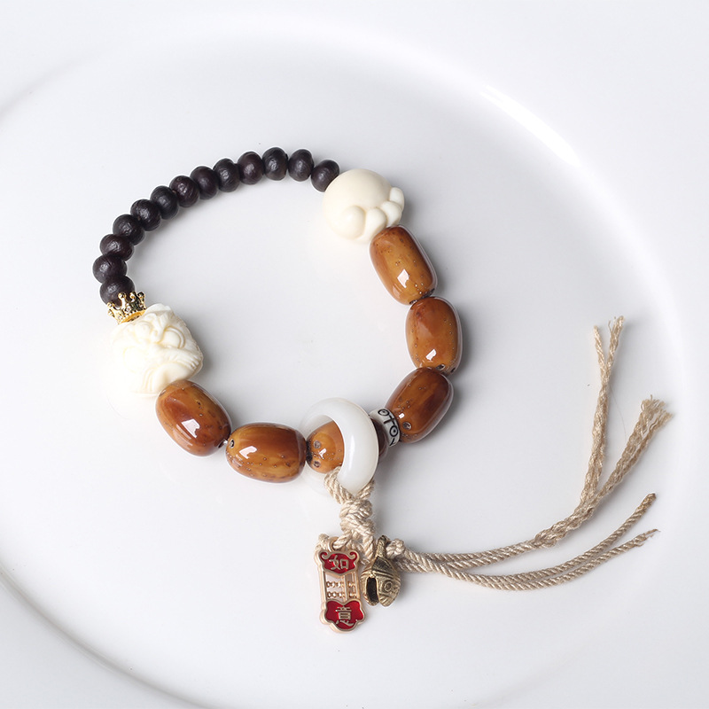 民族风白玉菩提跑环手串紫金鼠象牙果醒狮手链单圈文玩手饰品详情6