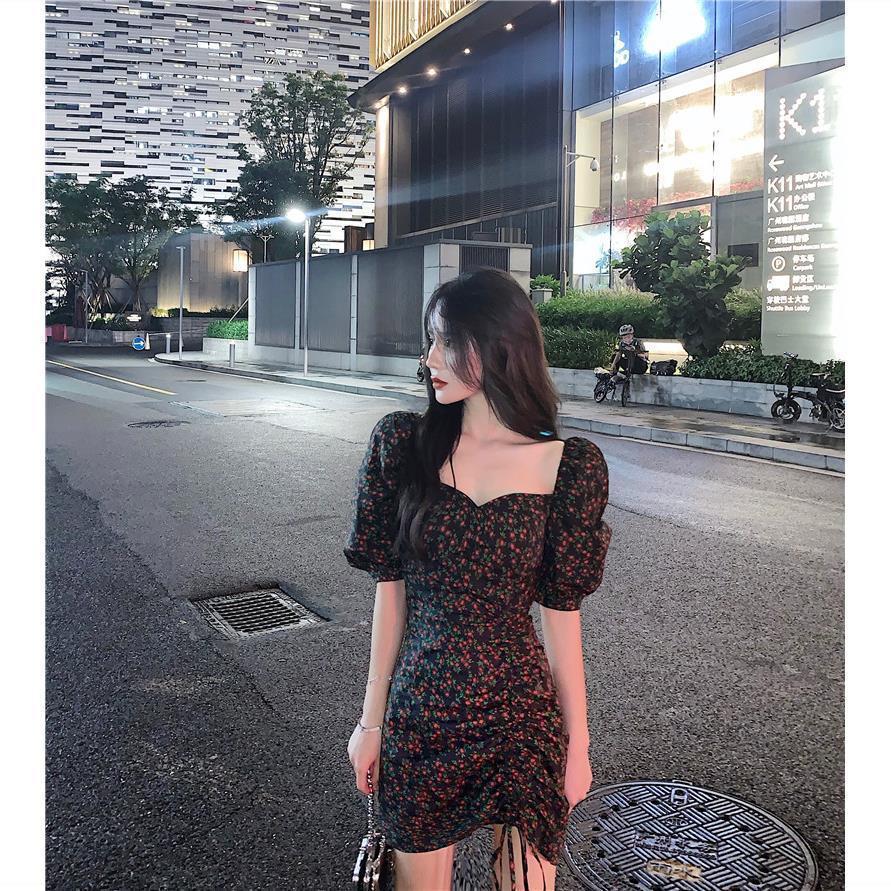 连衣裙御姐轻熟风女夏季泡泡袖碎花裙方领包臀裙设计感小众裙子潮详情3