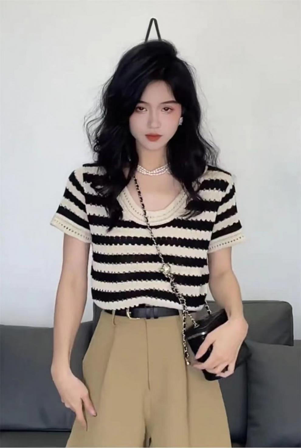 大码女装镂空韩系条纹针织短袖t恤复古圆领上衣时尚百搭2022夏季详情4
