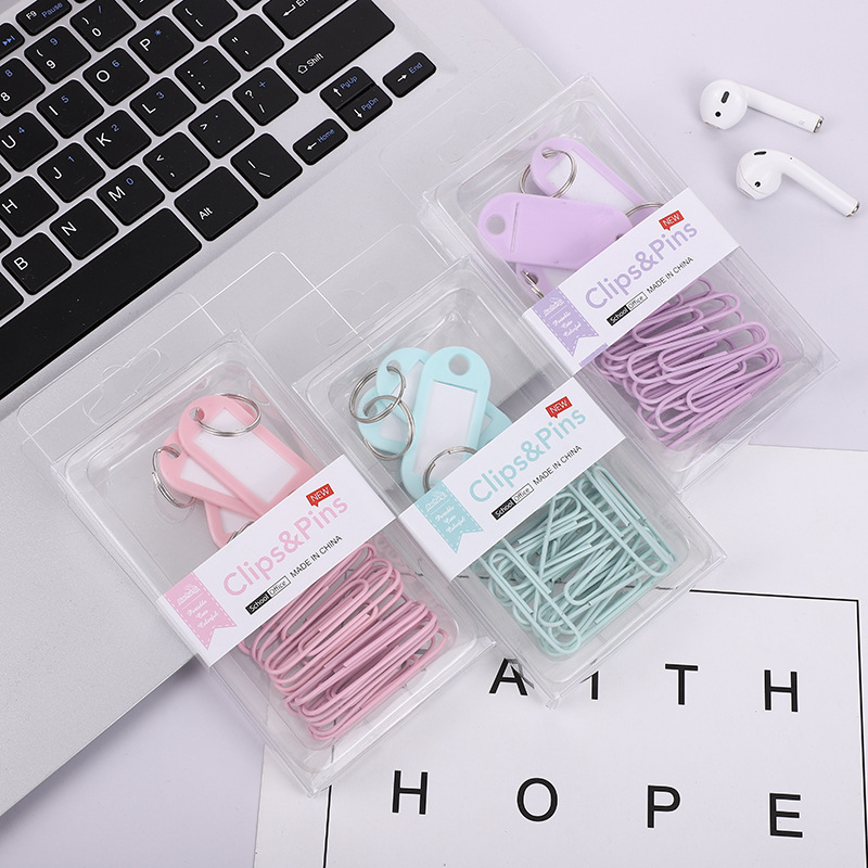 Cross-border 2-in-1 office combo set, macaron-colored paper clip, ticket holder, thumbtack, round head clip, keychain box pic 11