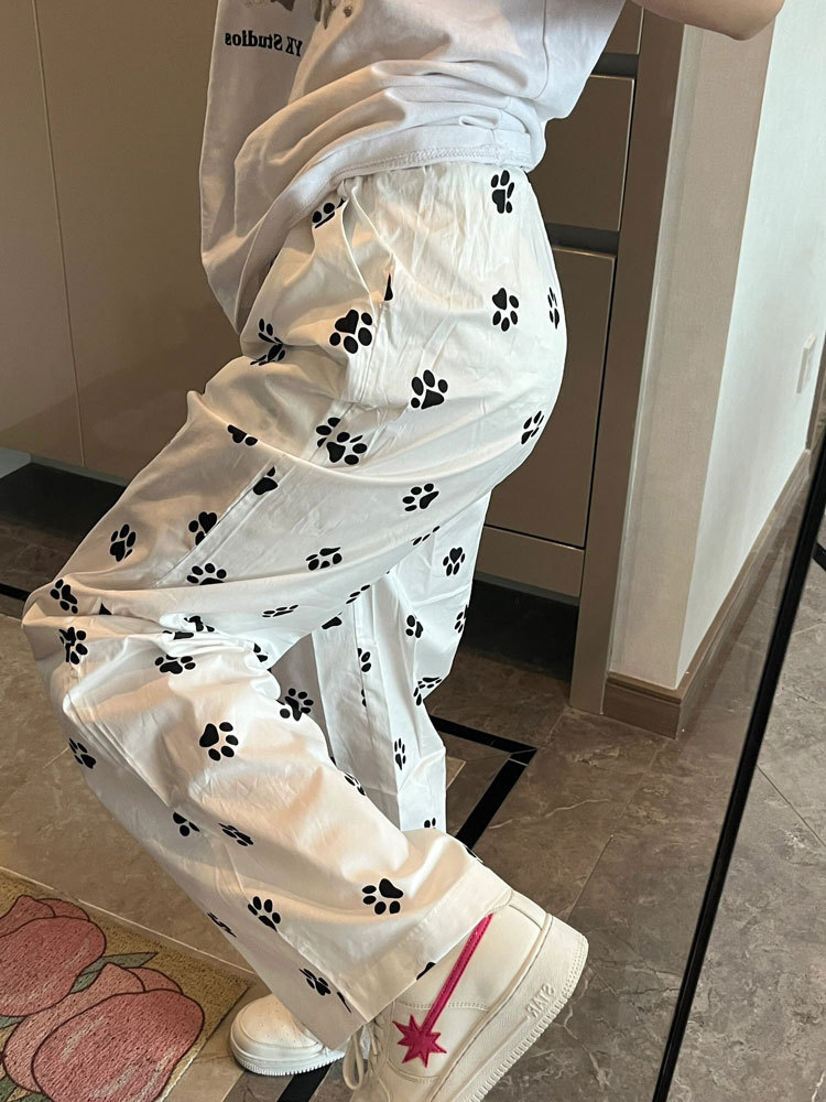 可爱狗脚印白色休闲裤子女夏季2024新款小个子宽松直筒百搭阔腿裤详情4