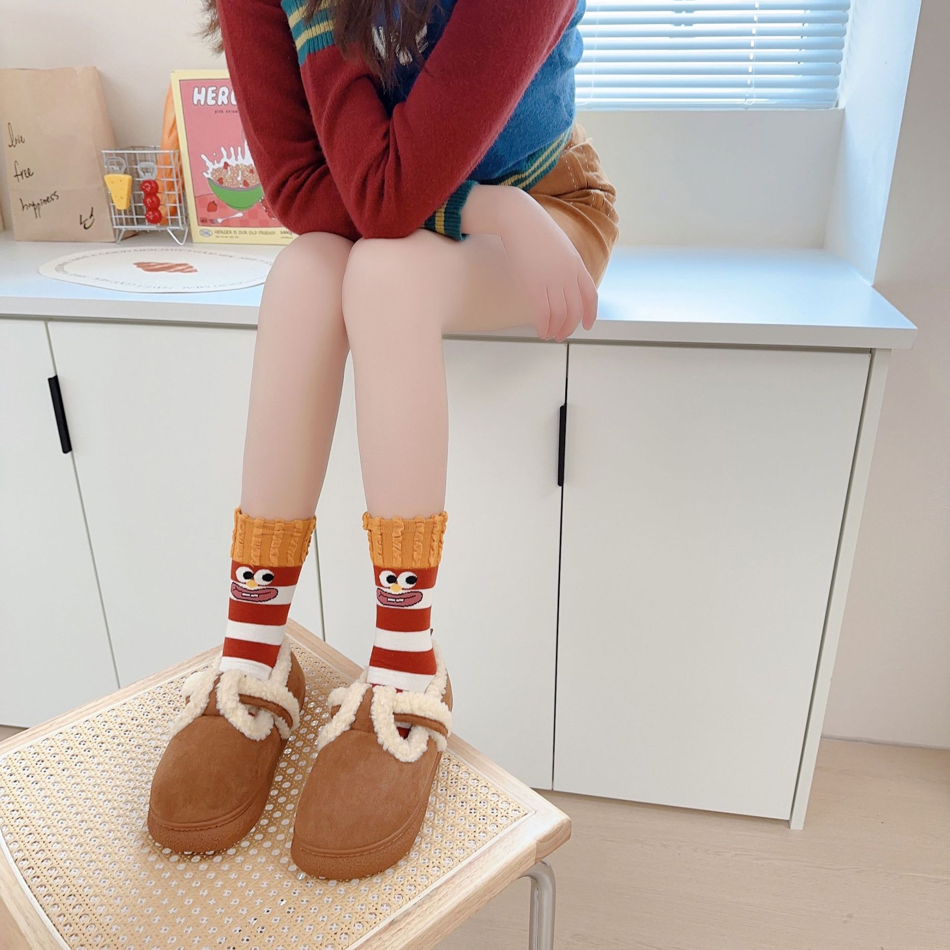 搞怪薯条袜子女春夏新款中筒袜可爱卡通堆堆袜抖音爆款 独立包装详情9