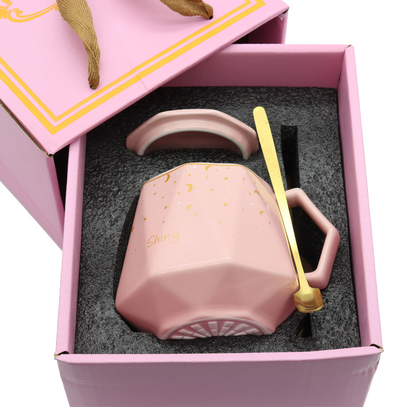 Hot-selling creative ceramic diamond starry sky cup mug, personalized handle with lid spoon set cup, Nordic ins style gold-plated large capacity breakfast cup, personal business gift cup, hand-held small gift box, guest logo available pic 2