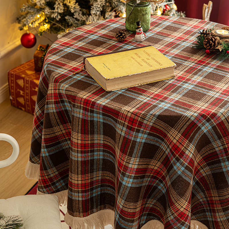 Cross-border Christmas holiday decoration table fabric, retro striped checkered cotton and linen restaurant party cover, Amazon pic 5