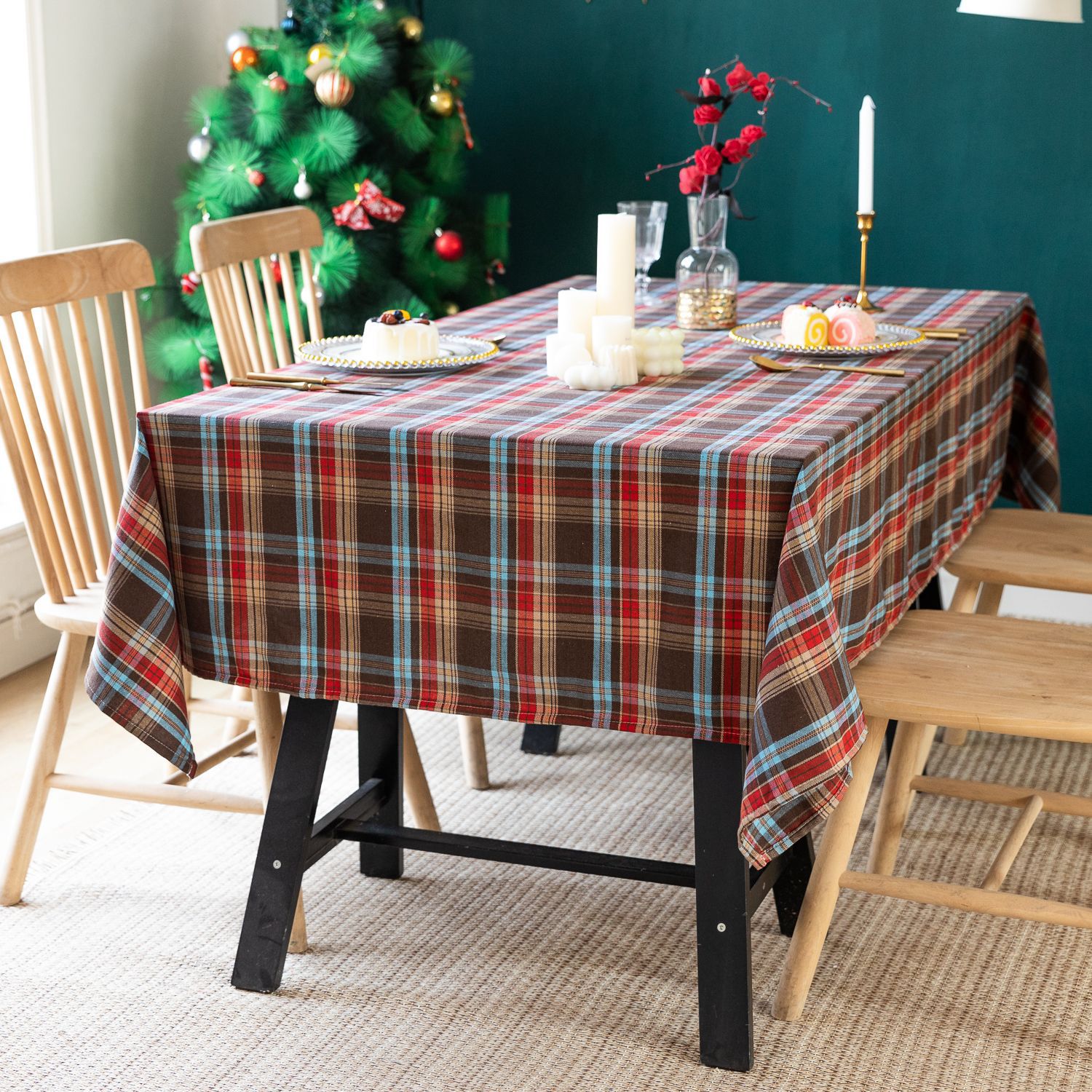 Cross-border Christmas holiday decoration table fabric, retro striped checkered cotton and linen restaurant party cover, Amazon pic 11