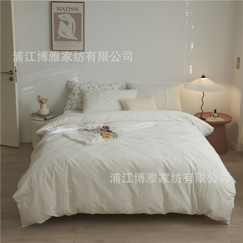 Wholesale of high-quality three or four-piece sets of washed cotton 40-count hand-knitted rhombus-shaped checkered plain pure cotton bedding pic 26
