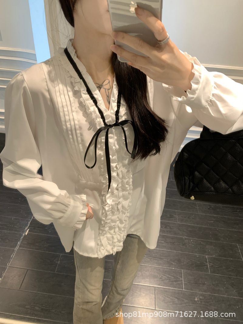 法式千金早春压褶小众气质名媛甜美系带蝴蝶结衬衫女长袖白衬衣女详情10