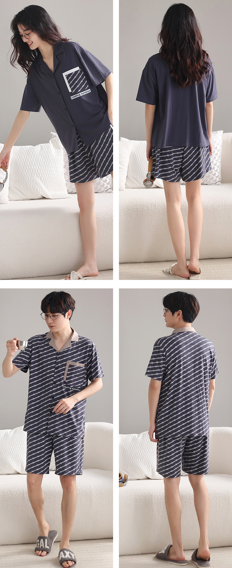 纯棉情侣睡衣夏季结婚新婚大码男士开衫长裤本命年红色家居服夏女详情52